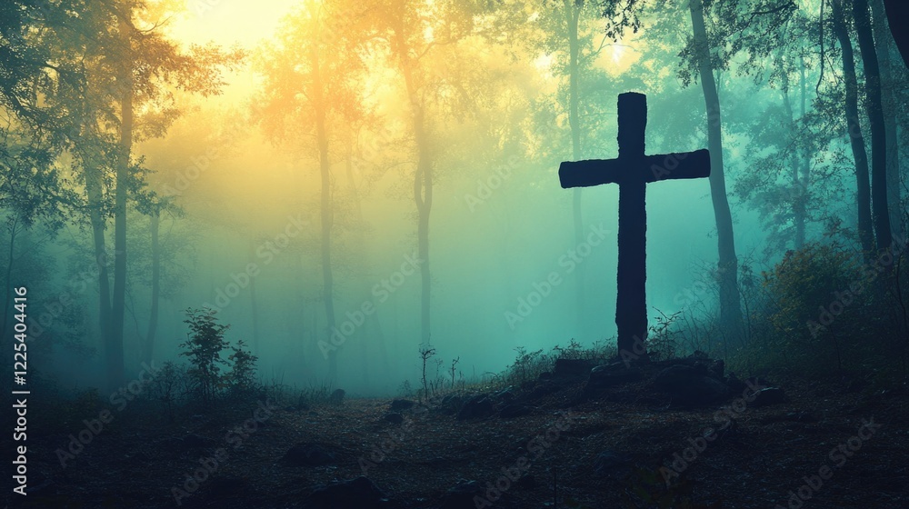 Poster christian cross silhouette against a misty forest landscape at dawn with soft warm light and empty c