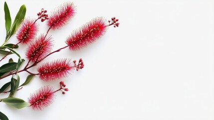 A vibrant red bottle brush flower branch stands out against a clean background, its unique texture creating a striking banner with plenty of copy space.