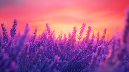 A stunning view of a lavender field at sunset, with pink and orange skies above and the lavender flowers glowing softly under the pastel light, with copy space.