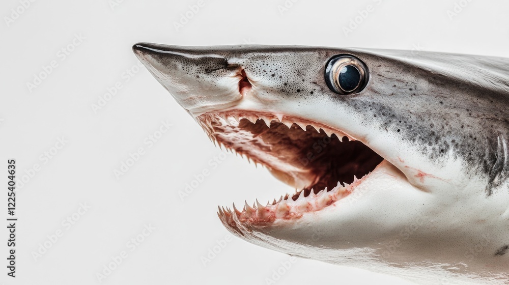 Aufkleber close-up of a shark head against a white background displaying open mouth and sharp teeth with empty