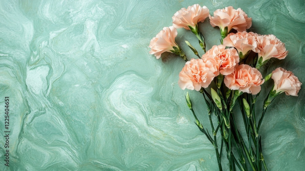 Poster bouquet of delicate peach carnation flowers arranged on a textured green marbled background with amp