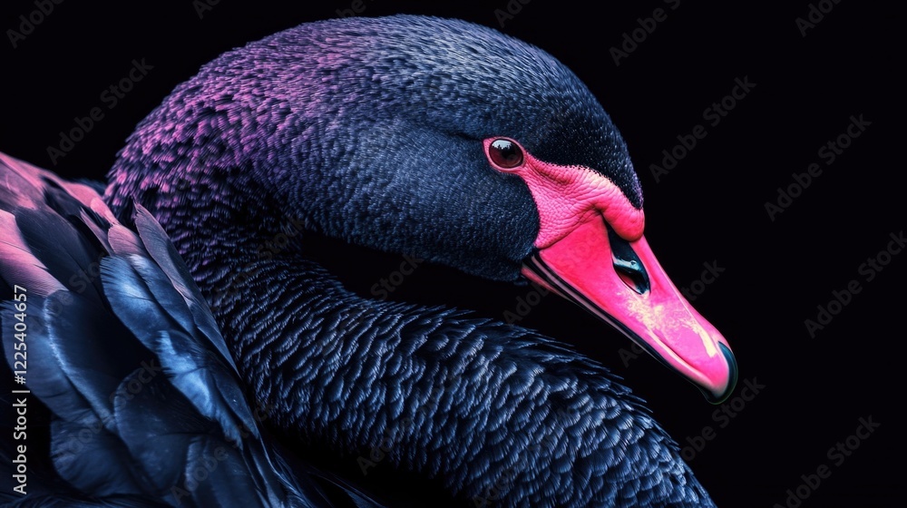 Aufkleber close up of a majestic black swan displaying vibrant plumage and striking features against a dark ba
