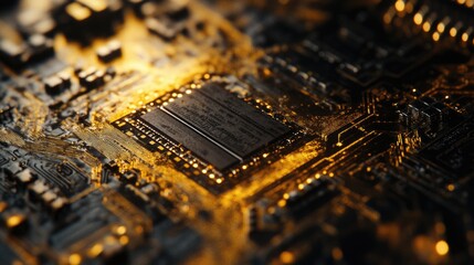 Close-Up View of a Quantum Microprocessor on a Dark Golden Circuit Board with Shimmering Lights and Space for Text Overlay