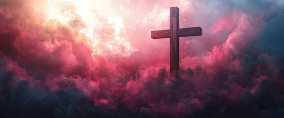 Fototapeta premium Wooden cross standing on a hill with a dramatic sky filled with glowing clouds and warm sunlight creating a spiritual and divine scene Generative AI