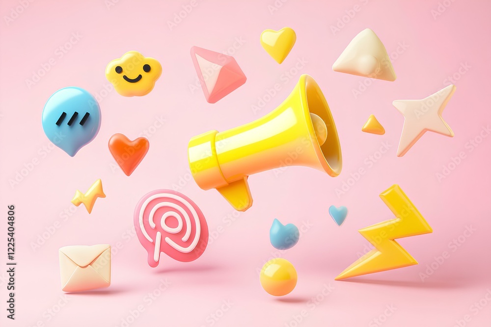 Poster an icon of the instagram app with a yellow color and cartoonish icons floating around it, such as a 