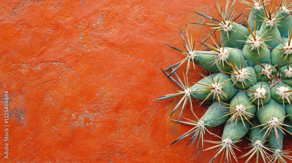 Poster close-up of green cactus with sharp thorns on vibrant terracotta textured backdrop with ample copy s
