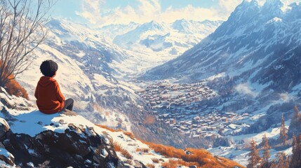 Fototapeta premium Traveler hiker in snowy mountain, travel, freedom and happiness, achievement in mountains concept 