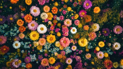 Bright Close-Up of Blooming Multicolored Chrysanthemum Funnel Flowers in Lush Garden with Empty Copy Space for Text in Vibrant Natural Setting