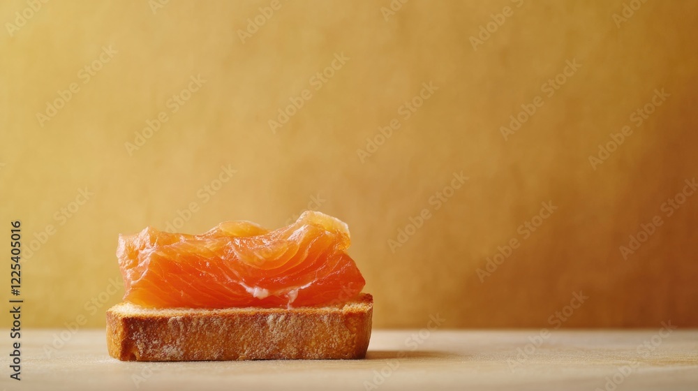 Poster closeup of delicious smoked salmon on toasted bread slice against a soft golden gradient background 
