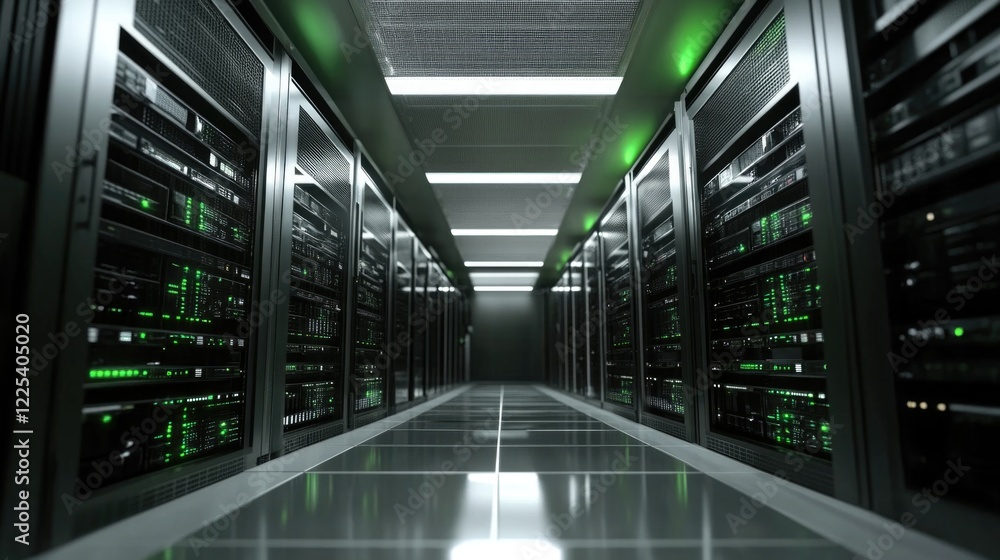 Poster dark tech data center with cloud computing servers illuminated by green led lights and modern networ