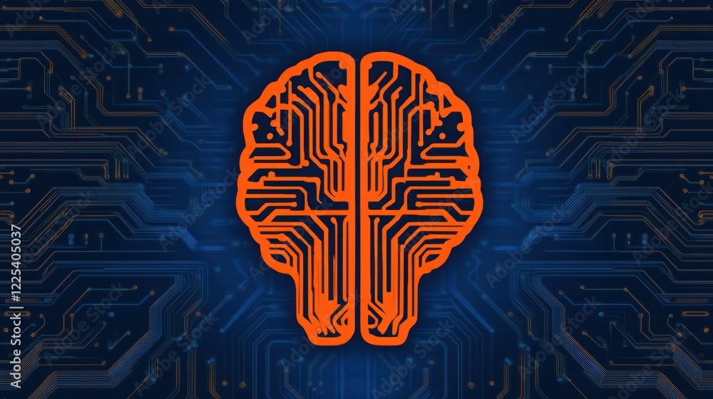 Aufkleber abstract representation of an orange brain with circuitry details on a deep blue background, symboli