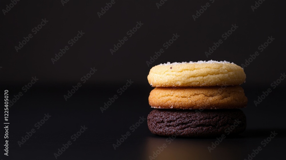 Poster crown cookie and italian cookie stack in taste showdown on black backdrop with empty space for text 