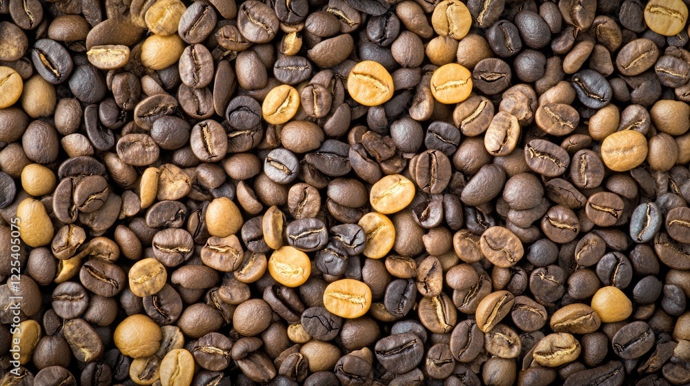 Poster close-up of roasted yellow and brown coffee beans scattered on a black background with ample empty s