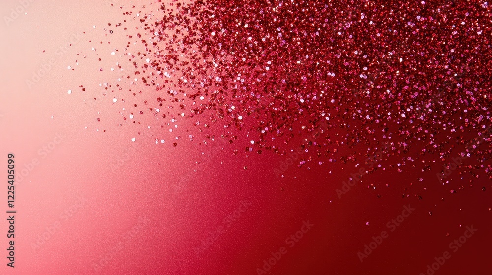 Poster a vibrant gradient background featuring shimmering red glitter particles, creating a festive and eye