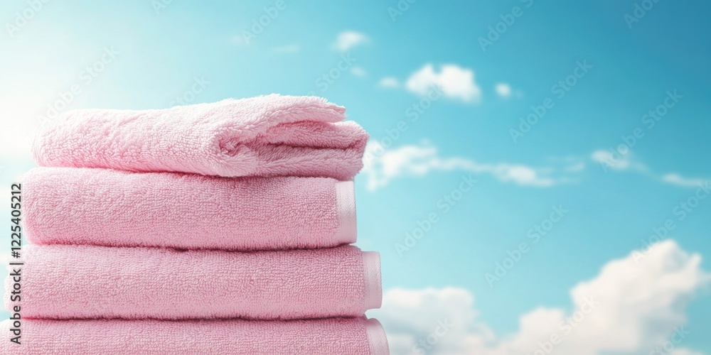 Poster stack of elegant pink towels against a bright blue sky with fluffy clouds creating ample empty copy 