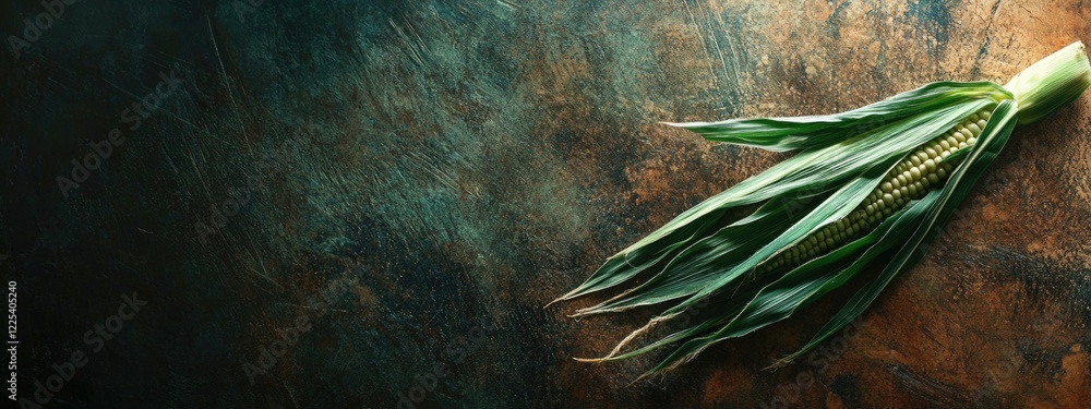 Aufkleber fresh ear of corn with vibrant green husk and silk resting on a textured wooden surface, overhead vi