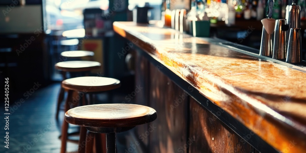 Poster brightly lit cluttered bar counter with empty wooden stools and copy space for text in a cozy urban 