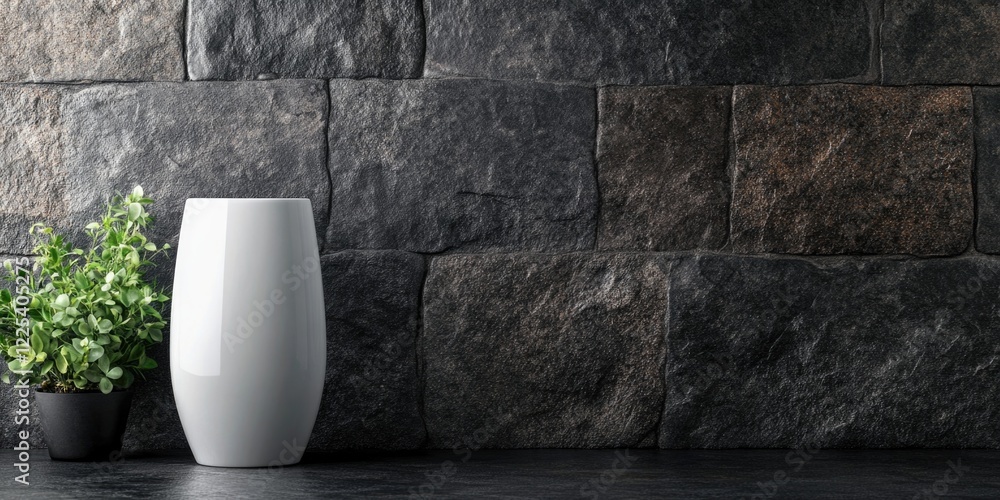 Poster elegant white vase on left side against dark stone background with lush greenery and empty copy spac
