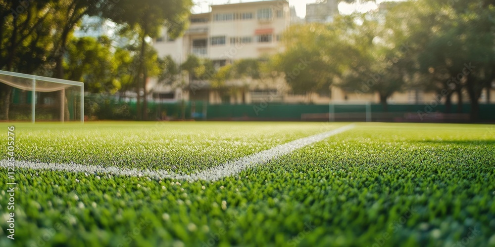 Poster vibrant green soccer field with empty stadium background featuring lush trees and clear copy space f