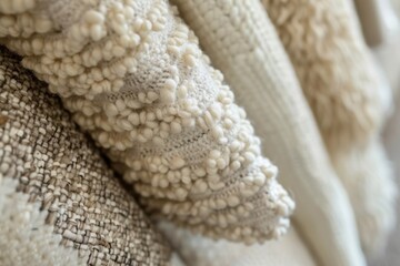 Close up of soft boucl&eacute; fabric in neutral tones for interior design