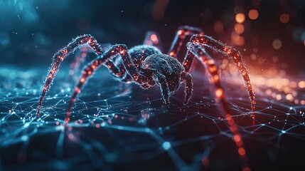 Digital virus modeled as a spider crawling across VR landscape, dark sci-fi feel 