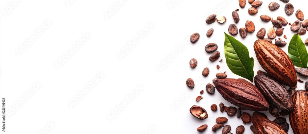 Poster fresh cacao fruits and cocoa beans composition on white background with green leaves and ample copy 