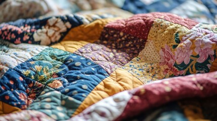 A patchwork quilt is spread out revealing intricate