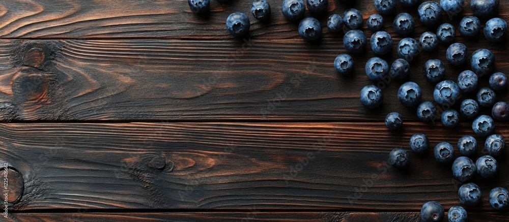 Poster fresh organic blueberries on dark rustic wooden table with empty copy space for text in top view arr