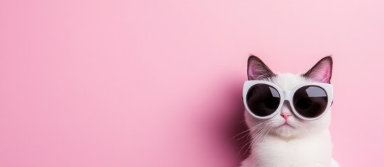 Fototapeta premium Playful Kitten Portrait with Oversized Sunglasses Against Colorful Pink Background Cute Cat with Fashionable Shades in Studio Setting