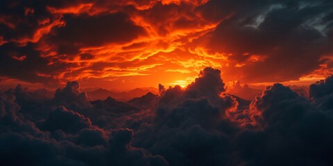 Fototapeta premium A breathtaking aerial view of a fiery sunset, bursting through dense clouds, casting a dramatic light over a mountain range shrouded in the clouds below