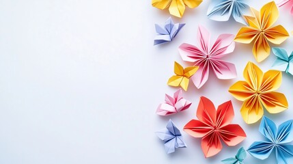 Obraz premium Softly colored origami flowers are scattered across a clean white surface, creating a minimalistic yet lively spring design with plenty of room for customization.