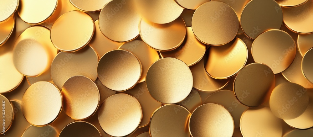 Poster abstract composition of numerous golden circles with gradient shadows in a rich warm tone pattern, f