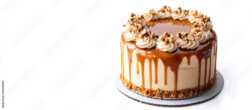 Poster hazelnut delight mini cake with caramel drizzle and crushed hazelnuts on bright white background ide