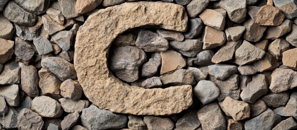 Aufkleber rough gravel letter c made of stone placed on a textured bed of assorted gray and brown pebbles with