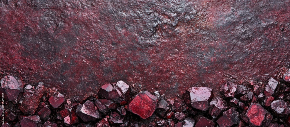 Poster textured garnet mineral stone background in deep red with natural stone fragments and carabiners ide