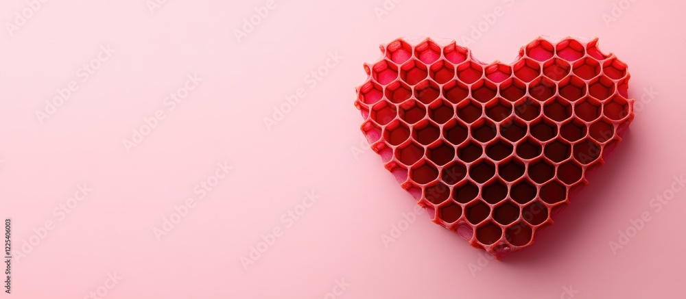 Poster heart-shaped red honeycomb on soft pink background with minimalist design and empty space for text i