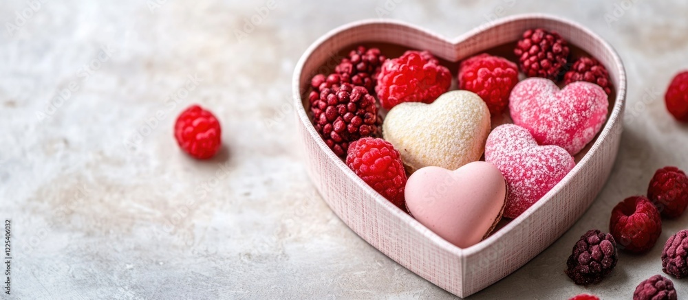 Poster heart shaped box filled with colorful desserts and raspberries on light gray background with empty s