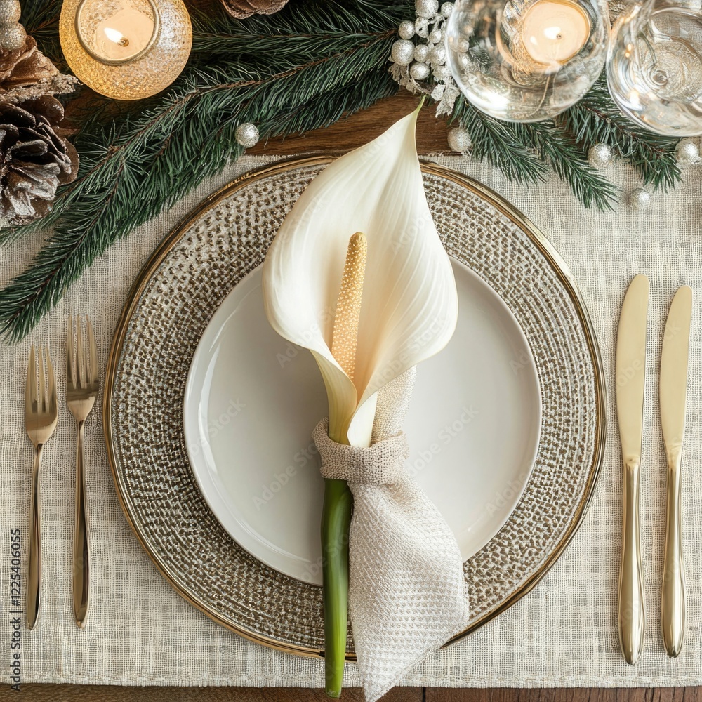 Poster elegant holiday table setting with calla lily flower in neutral tones with organic elements pine dec