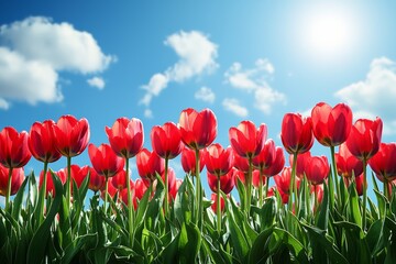Obraz premium Vibrant red tulips bask in the sun's warmth under a bright blue sky