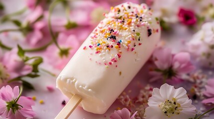 Cake in the form of ice cream on a stick among flowers close up