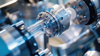 Close-up of high-tech laboratory equipment for mixing solutions and components in a sterile environment featuring metallic finish and glass components