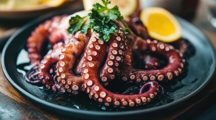 Freshly Prepared Octopus Garnished with Lemon and Herbs on Black Plate in Restaurant Setting with Warm Lighting and Rustic Decor