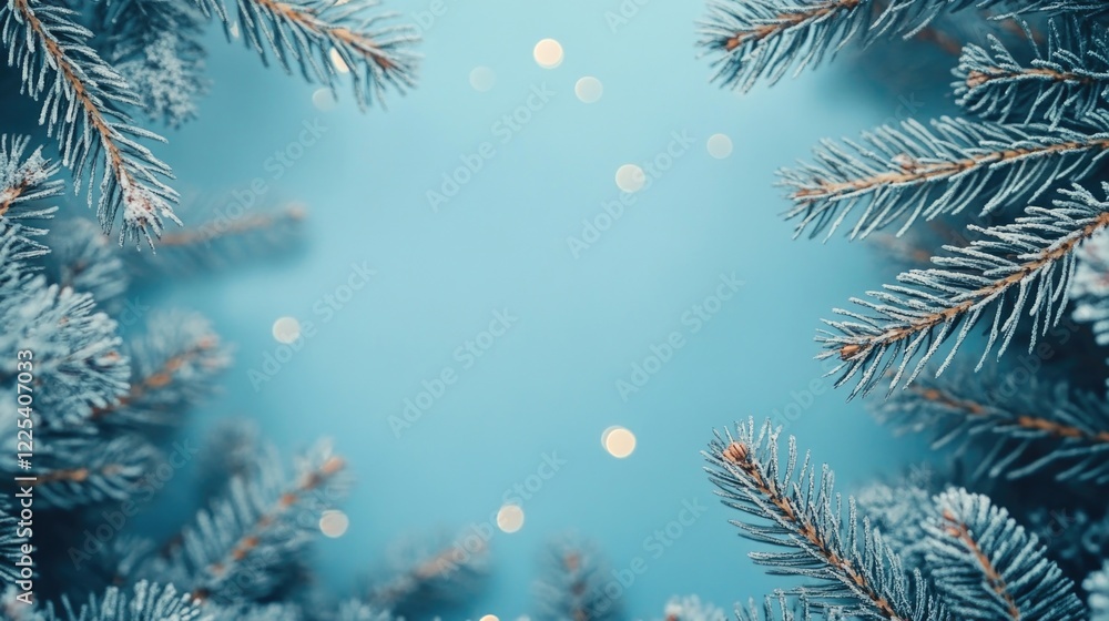 Poster pastel christmas frame featuring snowy fir branches on a soft blue background with bokeh light effec
