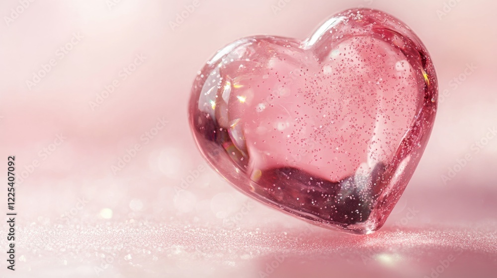 Poster sparkling pink glass heart resting on soft light pink backdrop with gentle bokeh highlights creating