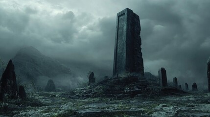 Ancient stone monument in misty burial ground under dark gray clouds creating a bleak and ominous atmosphere in a desolate landscape.