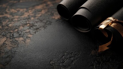 Elegant Black Label Diplomas Rolled with Gold Ribbon on Dark Textured Background in Premium Academic Setting