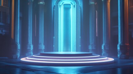 Fototapeta premium Neon Lit Platform in Ancient Stone Structure