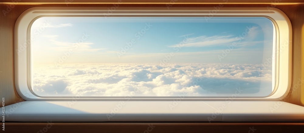Poster bright and spacious window seat overlooking fluffy white clouds against a blue sky with ample empty 