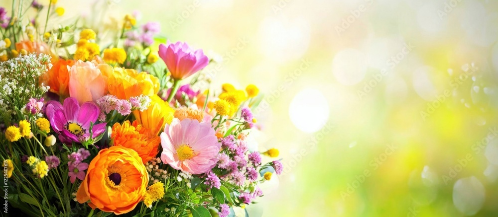 Poster vibrant spring flower bouquet with colorful blooms in soft focus background and ample copy space for