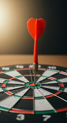 Fototapeta premium Bullseye! Red Dart Perfectly Hits the Center of Dartboard